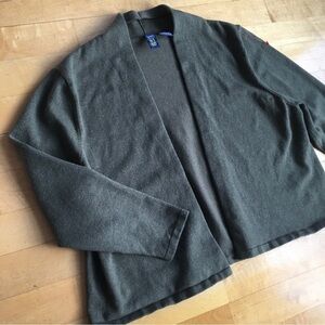 Kerah Cropped, Open Front Cardigan, Olive Green, Size L